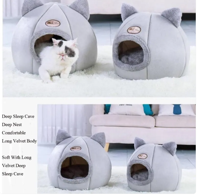 Cama cálida tipo cueva: refugio seguro y muy suave para gatos